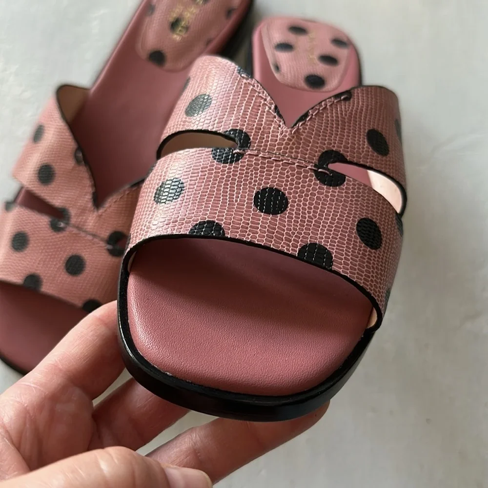 Kate Spade Dock Strappy Leather Slide Sandal Pink Black Dolka Dots Size 8 Summer